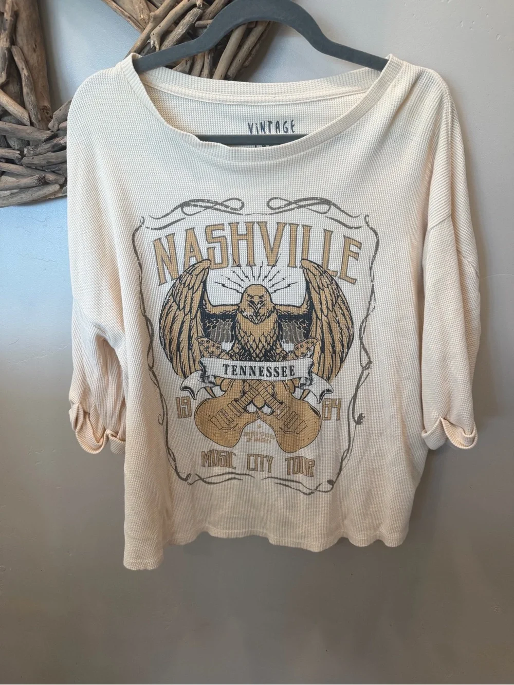 Vintage Canvas Cream Waffle Knit Tee with Black Print